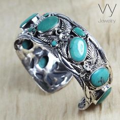 Turquoise Silver Cuff Bracelet - 925 Sterling Genuine Stones - VY Jewelry Heidi Daus, Leaf Bracelet, Color Turquoise, Cuff Detail, Silver Work, Turquoise Stones, Genuine Turquoise, Silver Cuff Bracelet, Silver Pieces