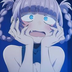 an anime character with blue eyes holding her hands to her face