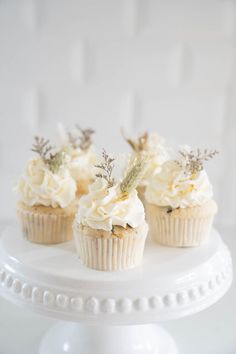 three cupcakes with white frosting and sprigs sit on a cake plate