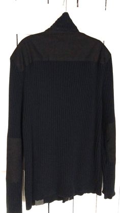 "Nautica Jeans Co black zipper cardigan tunic ribbed sweater/military style cardigan sweater/arm patch sweater/XXL Measurements... taken flat -marked size: XXL/TTG -across chest: 23\" -length: 31\" -shoulder: 20\" Features... -ribbed knit in classic black -100% cotton -nice weight to it -zipper front -military style patches on the elbow and shoulder -longer style Condition... -excellent vintage condition -gently worn TDD3181" Black Knit Ribbed Cardigan, Black Ribbed Crew Neck Cardigan, Black Ribbed Winter Cardigan, Oversized Black Cardigan With Ribbed Cuffs, Black Ribbed Cardigan For Layering, Black Crew Neck Cardigan With Ribbed Collar, Black Outerwear With Ribbed Collar For Layering, Black Ribbed Outerwear For Work, Black Ribbed Outerwear For Layering