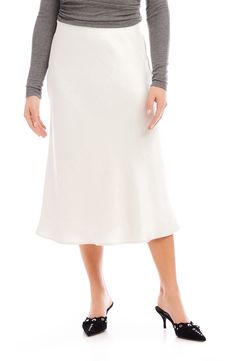 Smooth bias-cut satin brings fluid movement to this versatile midi skirt cut in a subtle A-line silhouette. 30 1/2" length (size Small) Pull-on style 55% polyester, 45% recycled polyester Dry clean Made in the USA of imported fabric Fluid Movement, Satin Midi Skirt, Favorite Daughter, Romantic Dress, Maternity Shops, Beauty Sale, Designer Clothes For Men, Fashion Essentials, Athletic Women