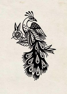 a black and white drawing of a bird with flowers on it's back side