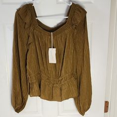 Nwt Universal Thread Goods Co. Coconut Husk / Gold Long Sleeve Peasant Top L Green Peasant Top For Fall, Peasant Green Tops For Fall, Peasant Style Brown Long Sleeve Tops, Bleached Flannel Shirt, Long Sleeve Peasant Top, Coconut Husk, Heather Grey Sweatshirt, Pretty Embroidery, Anthropologie Top