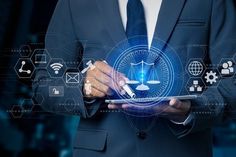 a man in a business suit holding a tablet with icons and symbols on it,