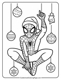 Coloring page featuring a cartoon superhero in a Spider-Man costume, wearing a Santa hat, surrounded by hanging Christmas ornaments. Perfect for holiday-themed activities and children's art projects. Christmas Spiderman Coloring Pages, Christmas Characters Coloring Pages, Spiderman Christmas Coloring Pages, Christmas Coloring Sheets Free Printable, Spider Man Coloring Pages, Disney Christmas Coloring Pages, Christmas Coloring Pages Free Printable, Christmas Booklet, Spider Man Christmas