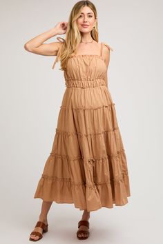 Camel Tiered Tie Strap Maternity Midi Dress– PinkBlush Sleeveless Tiered Dress With Tie Straps For Brunch, Brunch Tiered Dress With Adjustable Ruffled Straps, Tiered Midi Dress With Tie Straps For Beach, Casual Maternity Midi Dress With Ruffles, Tiered Ruffle Maternity Maxi Dress, Maternity Midi Dress With Ruffles, Maternity Midi Dress, Maternity Clothes, Blush Pink