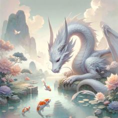 a white dragon sitting on top of a body of water next to a koi fish