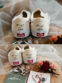 two pictures of shoes with flowers on them