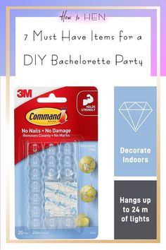 three different types of buttons with the text 7 must have items for a diy hen party