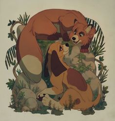 the fox and the hound is hugging each other in front of some rocks with plants