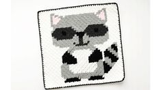 a crocheted square with a raccoon on it's face and eyes