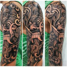 tattoos on the arms and arm of a man with an elaborate design in black and grey