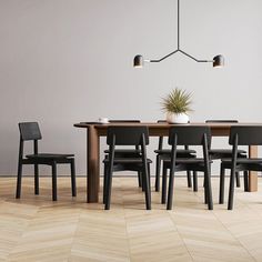 a dining table with four chairs and a potted plant