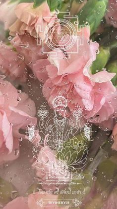 some pink flowers and water droplets on a window glass with an image of buddha in the center