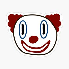 a red and white clown face sticker on a beige background with blue eyes, nose and mouth