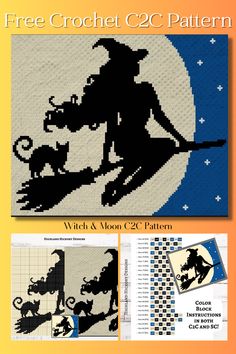 an image of a crochet pattern for a witch and her cat on the moon