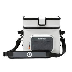 a white and black cooler bag with the name bushnell on it's side