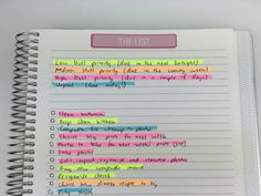 a spiral notebook with writing on it and the list written in pink, green, yellow, and blue