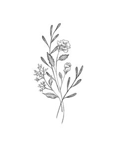 a black and white drawing of flowers on a white background