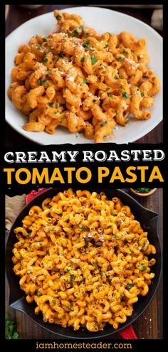 creamy roasted tomato pasta in a cast iron skillet