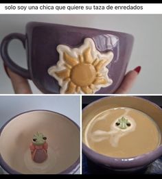 there are pictures of coffee cups with designs on them and in the middle one is a ceramic sunflower