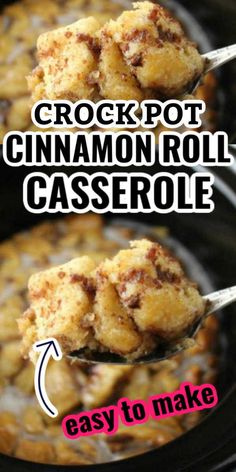 the crock pot cinnamon roll casserole is being spooned out with it