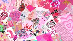 a collage of pink and red images with hearts, stars, and other things