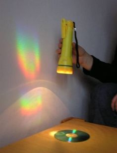 a person holding a yellow object in front of a table with a cd on it