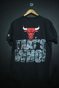 "Chicago Bulls vintage Tshirt from the 90s. Amazing huge front and back print \"who's gonna be there when the smoke clears?\" Printed on Starter, size M. Measurements Pit to Pit: 20\" Back of Collar to Bottom: 27.5\" This shirt is in soft vintage condition with cracking on the graphic and some holes as shown in photos. We do our best to describe all items. All shirts are sold in As-Is condition. Please keep in mind that this is a used vintage shirt so there will be age appropriate wear. Feel fre Throwback Graphic Print Tops For Streetwear, Casual Screen Print Tops For Fan Events, Throwback T-shirt With Logo Print For Streetwear, Throwback Logo Print T-shirt For Streetwear, Throwback Streetwear T-shirt With Logo Print, 90s Graphic Print T-shirt For Fan Gear, 90s Style Graphic Print T-shirt For Fans, Casual Tops With Screen Print For Fan Events, Throwback Streetwear T-shirt, Pre-shrunk