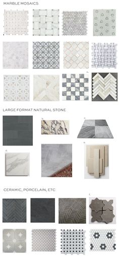 different types of tiles and flooring in various colors, shapes and sizes with text that reads