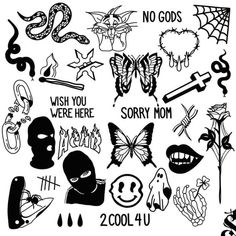 various black and white tattoos on a white background with the words, you're here sorry mom