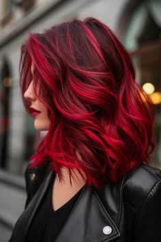 This is a beautiful example of a fire red it does have a hue of a little pink to it. We have a solid shoulder length cut and a fabulous medium curl. Vibrant Hair Color Ideas Fun, Red Hair With Colored Streaks, Fun Hair Colors For Brunettes, Shadow Root Red Hair, Red Hair Color Ideas For Brunettes, Red Hair Styles For Black Women, Haircolor 2024 Women, Brunette With Red Highlights, Red And Copper Hair