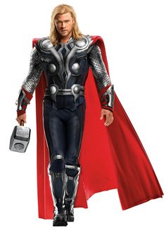 a man dressed as thor is standing with his hands on his hips and wearing a red cape