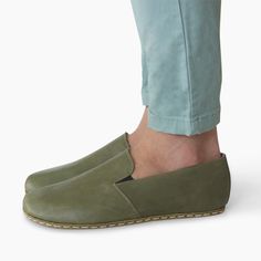 Groundz Men's Classic Slip Ons | Spanish Olive Clays | Grounding Shoes – Groundz.com Grounding Shoes, Spanish Olives, Proper Posture, Leather Dye, Barefoot Shoes, Buffalo Leather, Drops Design, Deep Green, Vegetable Tanned Leather