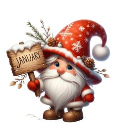 a cartoon santa clause holding a sign with the word january written on it and wearing a red hat