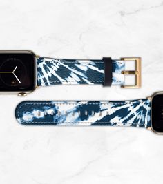 "Tie dye print on a faux leather Apple Watch band. Grown up boho wear for your Apple Watch.  NOTE ON GOLD APPLE WATCHES. Apple's \"gold\" color is a moving target. The tone changes from year to year. Our Gold buckles and lugs are yellow gold. For the Gold Series 4 Apple Watch, our Rose Gold buckles and lugs look better with a muted, coppery gold. { b a n d * d e t a i l s } Faux Leather Buckle/Lugs in matte finish Underside is gray Fits Series 1, 2, 3, 4, 5, 6, 7, 8 and SE - size selector refers Trendy Adjustable Blue Apple Watch Band, Adjustable Blue Leather Apple Watch Band, Modern Blue Rectangular Apple Watch Band, Gray Fits, Boho Wear, Apple Watch Sizes, Gold Apple Watch, Ultra Series, Apple Watches