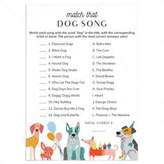 Dog Party Game Match That Dog Song with Answers Printable by LittleSizzle Shelter Game, New Years Resolution List, Dog Baby Shower, Dog Days Are Over, Dog Shaking, Song Titles, Dog Games, Dog Baby