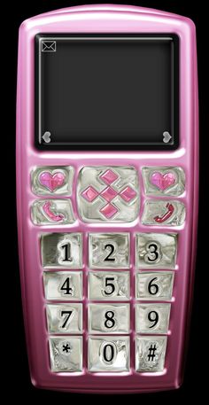 a pink cell phone with hearts and numbers on the display screen, isolated against a black background