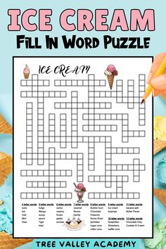 A printable ice cream themed fill in word puzzle for kids.  It has 35 ice cream words to fit in the puzzle. Bubble Gum Ice Cream, Holiday Word Search, Word Puzzles For Kids, Printable Ice Cream, Mint Gelato, Connecting Words, Pistachio Butter, Word Boxes, Sugar Cones