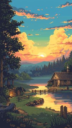 a painting of a lake with a house in the distance and trees around it at sunset