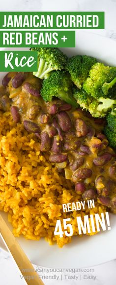 a white plate topped with rice and beans next to broccoli