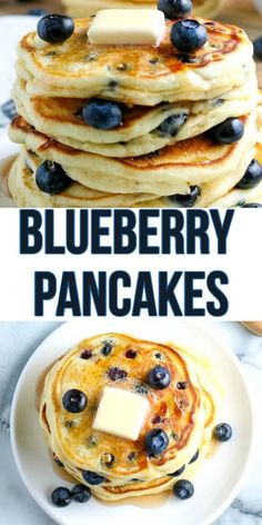 blueberry pancakes with butter and blueberries on top are the perfect breakfast for two