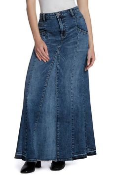 Rock a modern casual-cool vibe in this denim maxi skirt designed in a retro-inspired flared silhouette. 39" center front length (size 29) Unlined 95% cotton, 4% polyester, 1% spandex Machine wash, tumble dry Imported Midi Sweater Skirt, Spring Wardrobe Essentials, Crochet Maxi Skirt, Flare Maxi Skirt, Asymmetrical Midi Skirt, Pleated Chiffon Skirt, High Waisted Maxi Skirt, Tweed Pencil Skirt, Athletic Dress