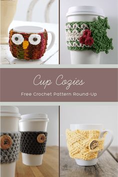 coffee cups with crochet designs on them and the words cup cozies written in