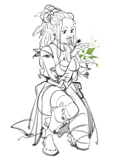 a drawing of a woman holding a plant