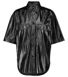 Isabel Marant offers a cool take on the short-sleeved shirt with this lustrous black Gilina style. It's made from faux leather in a boxy silhouette, defined by two patch pockets, a snap-buttoned front and a curved hem. Faux Leather Shirt, Faux Leather Top, Leather Shirt, Women's Coats, Leather Top, Denim Shirt, Isabel Marant, Striped Shirt, Short Tops