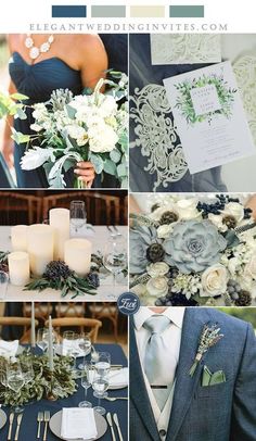 a collage of photos with flowers, candles and napkins on them for a wedding