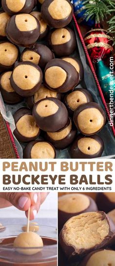 peanut butter buckeye balls are being dipped with chocolate