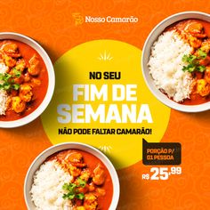 three bowls of food with rice and sauce on an orange background for the spanish festival no seu fim de semana