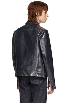 Bottega Veneta: Indigo Denim Laminated Jacket | SSENSE Japanese Denim Jacket, Indigo Denim, Japanese Denim, Contrast Stitch, Contrast Stitching, Luxury Streetwear, Flap Pocket, Bottega Veneta, Barrel